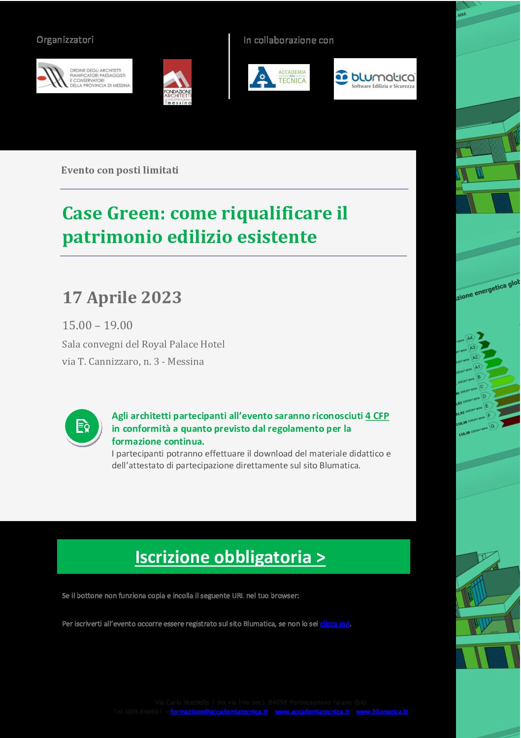 Il 17 aprile 2023 alle ore 15,00 al Royal Palace Hotel, il seminario tecnico in “Case Green: come riqualificare il patrimonio edilizio esistente”